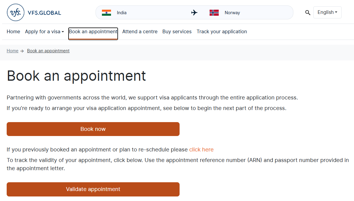 Book an appointment for a Norway visit visa from India