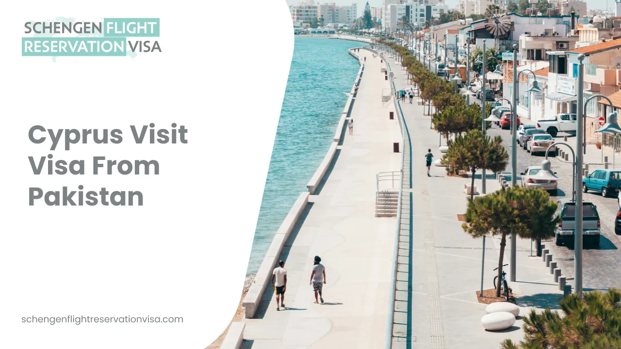 Cyprus Visit Visa from Pakistan promotional banner showing a scenic coastal promenade in Cyprus with people walking by the sea, alongside text about Schengen flight reservation visa services.