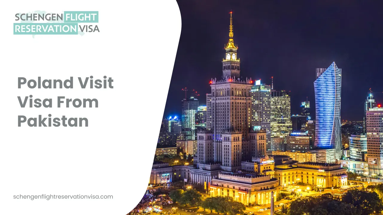 Poland visit visa from Pakistan promotional banner featuring Warsaw skyline at night, highlighting Schengen flight reservation and visa services.