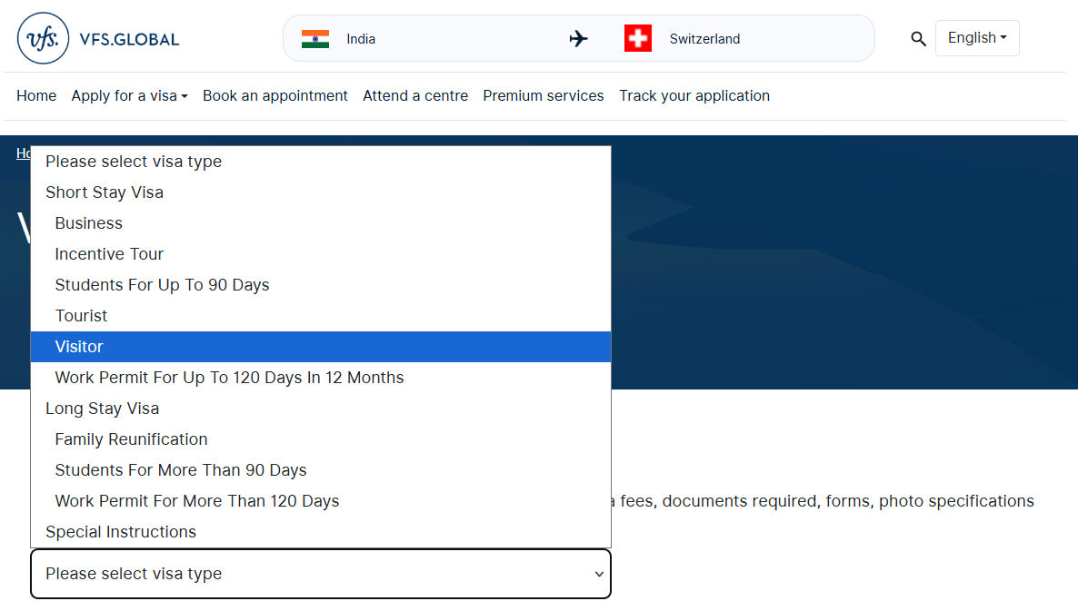 Select the Swiss visa type from India