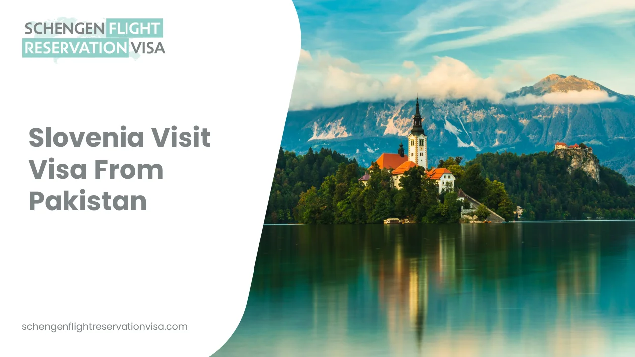 Promotional image for a Slovenia visit visa from Pakistan, featuring the iconic Pilgrimage Church on Lake Bled with a backdrop of the Julian Alps.