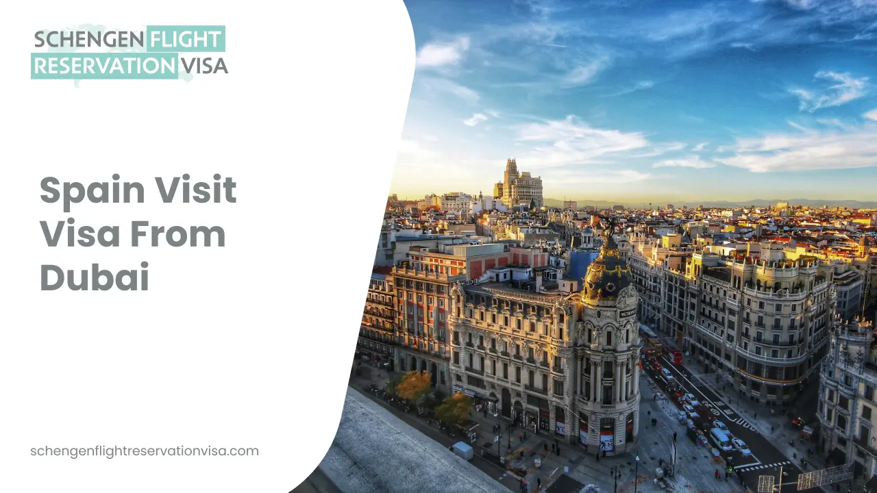 An aerial street-level view of Madrid, Spain, highlighting the historic Metropolis Building with its ornate stone facade and golden-domed roof at a major intersection. The city's dense architecture stretches toward the horizon under a bright sky. The left side of the graphic features a white overlay with the text