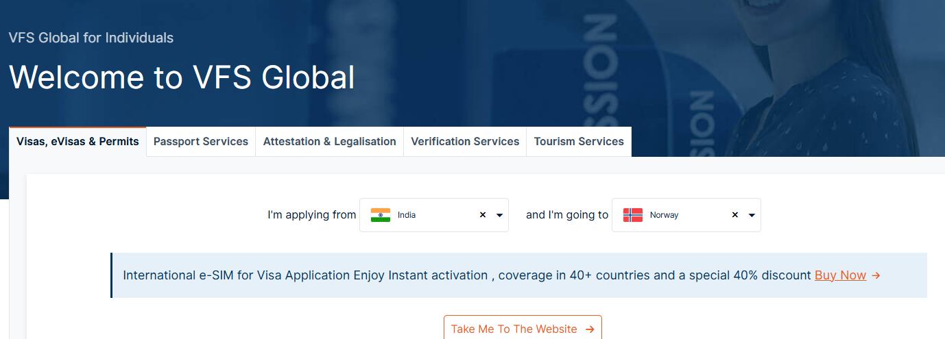 Specify the home and destination countries for the visa process