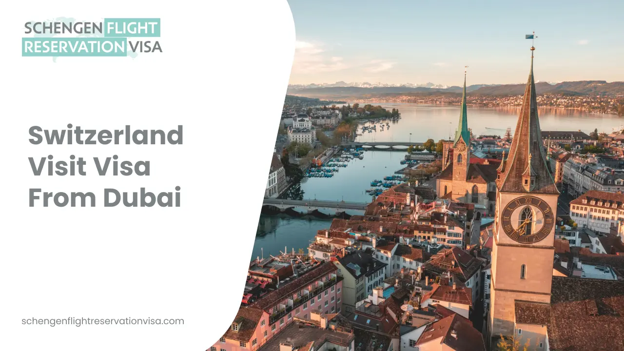 A promotional graphic featuring an aerial view of Zurich, Switzerland, at sunset, highlighting the Limmat river and the St. Peter church clock tower. The left side has a white overlay with text that reads