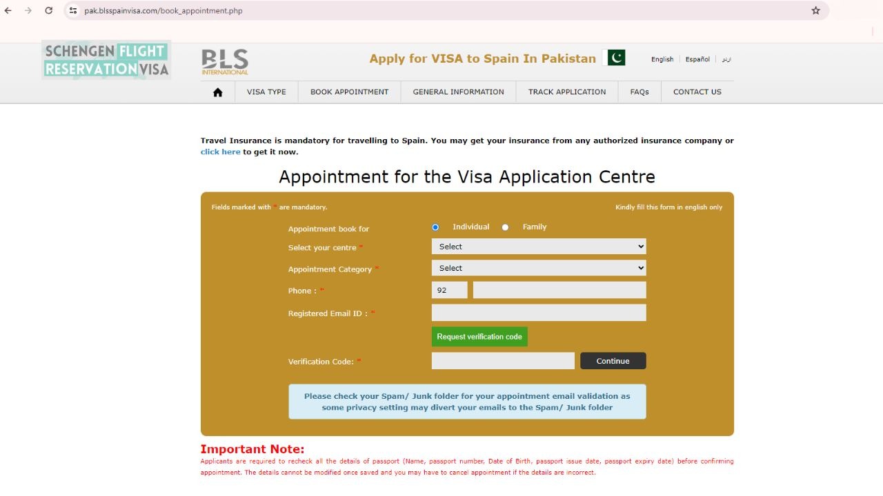 fill the form of appointment for the visa application center