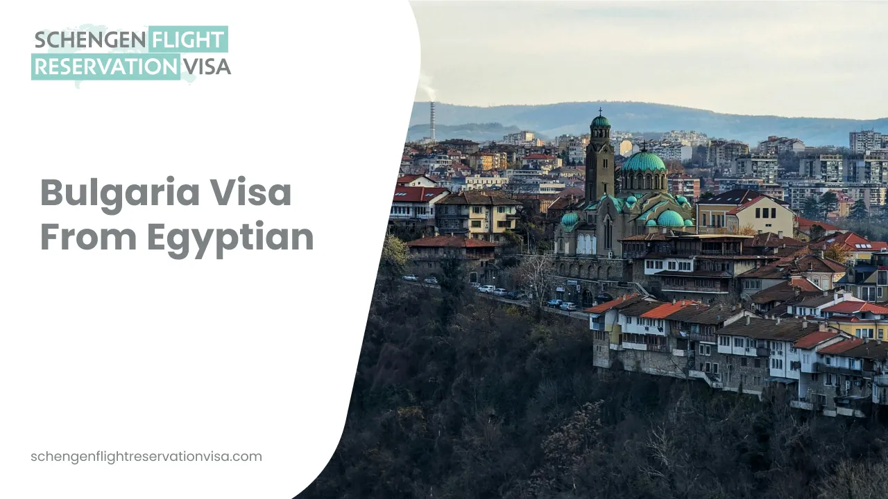 Bulgaria visa from Egypt concept showing panoramic city view of Veliko Tarnovo with historic buildings and church, representing Bulgaria tourist and Schengen visa application for Egyptian citizens.