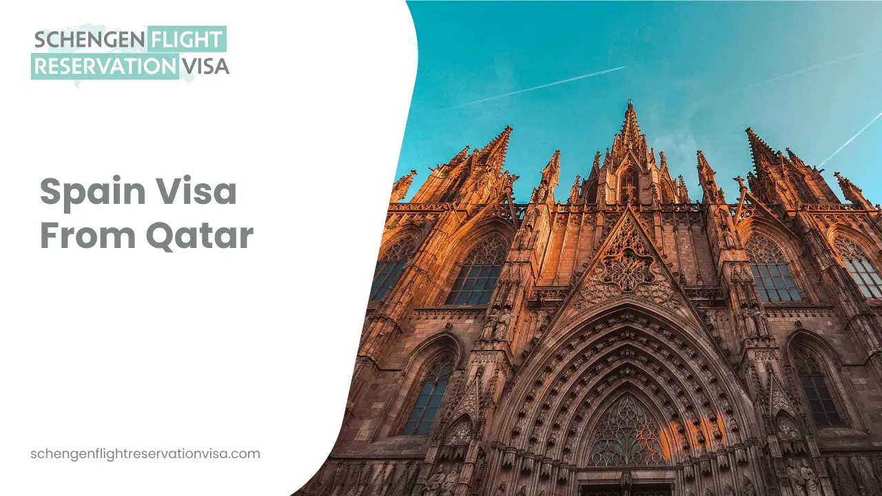Spain visa from Qatar banner featuring Barcelona Cathedral Gothic architecture for Schengen flight reservation visa application