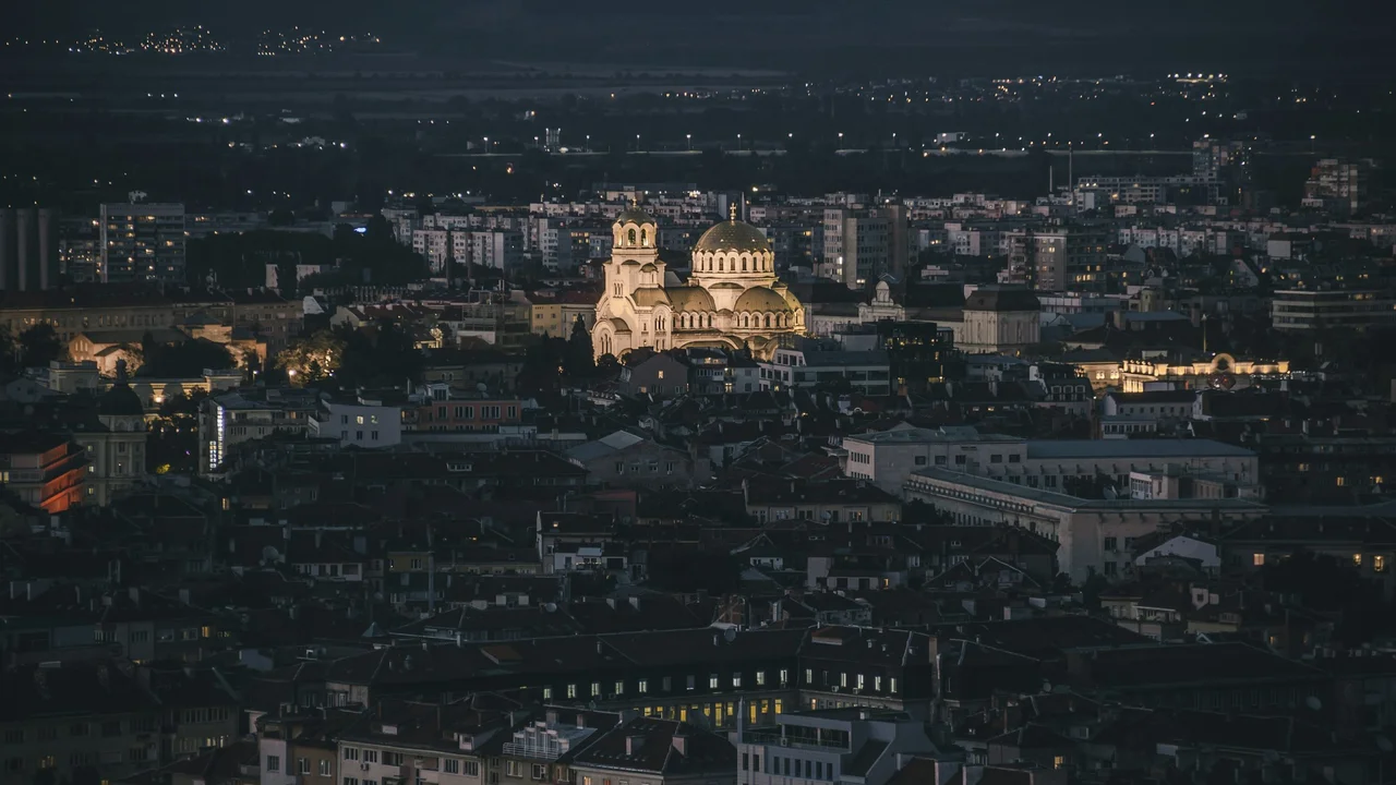 Night view of Sofia city skyline featuring Alexander Nevsky Cathedral, Bulgaria, representing Bulgaria visa application, tourism, and travel destination for foreign nationals.