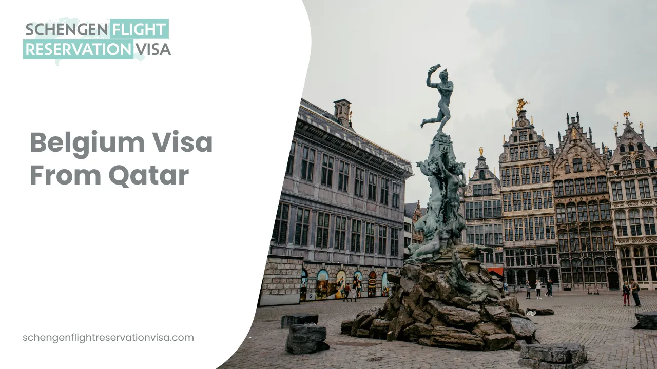 Belgium visa from Qatar banner showing Antwerp’s historic city square with the Brabo Fountain statue and traditional European buildings, promoting visa and flight reservation services.