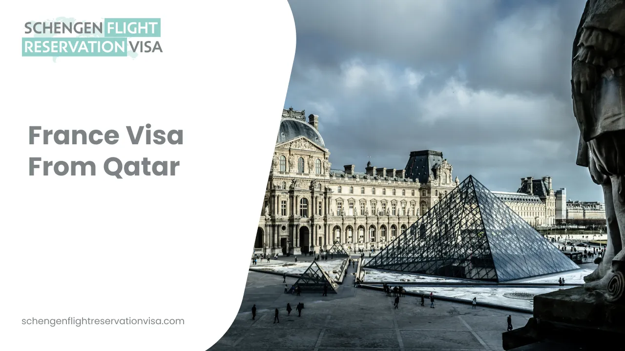 Banner showing the Louvre Museum and glass pyramid in Paris with text reading ‘France Visa From Qatar’ and ‘Schengen Flight Reservation Visa.