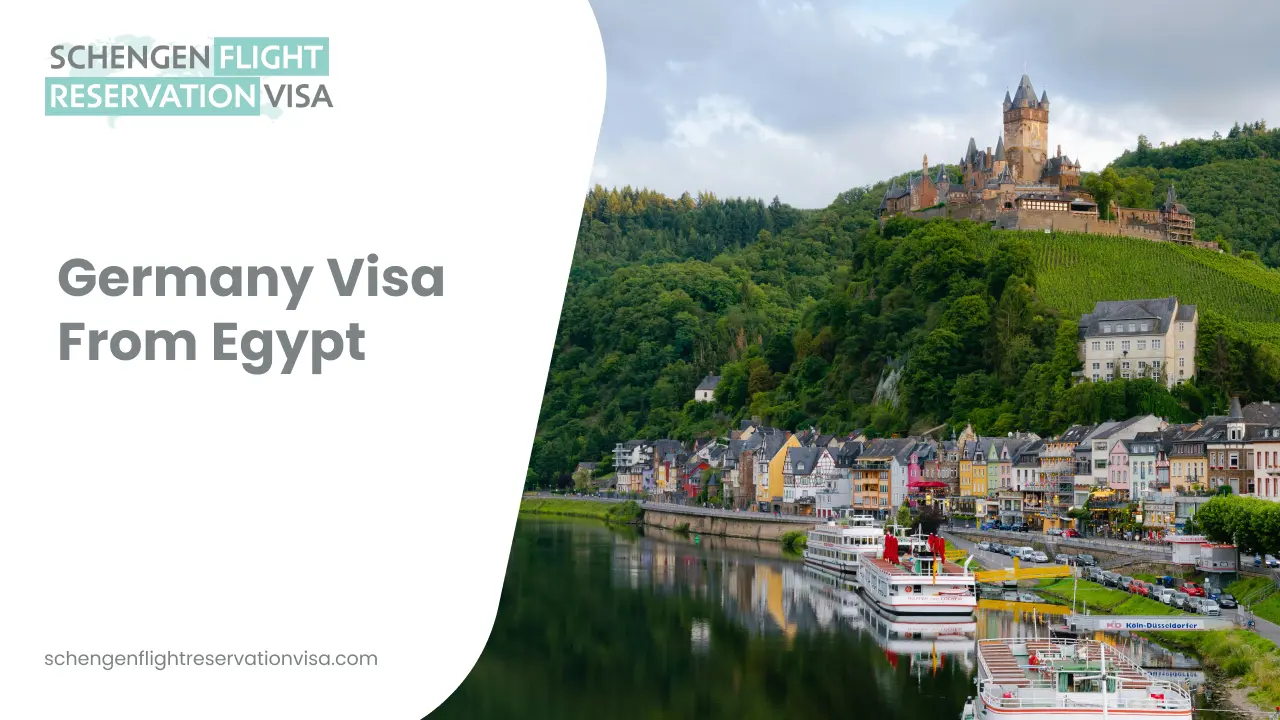Promotional banner for a Germany visa from Egypt, featuring the historic Reichsburg Cochem castle overlooking the Moselle River and colorful waterfront buildings.