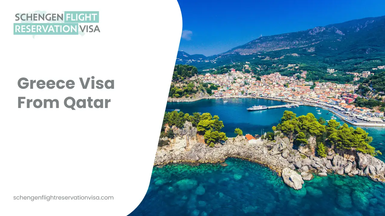 An aerial landscape of a Mediterranean coastal town, likely Parga, Greece, featuring colorful buildings clustered around a turquoise bay. In the foreground, rocky, tree-covered islets sit in crystal-clear water. A white graphic overlay on the left contains the text