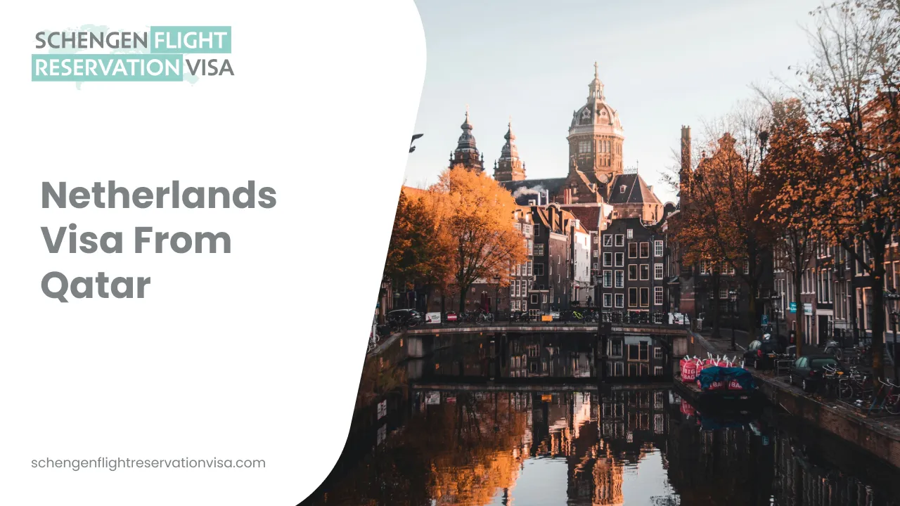 Netherlands Visa from Qatar – promotional banner by Schengen Flight Reservation Visa featuring an Amsterdam canal with historic buildings and autumn trees, representing travel and visa services for the Netherlands.
