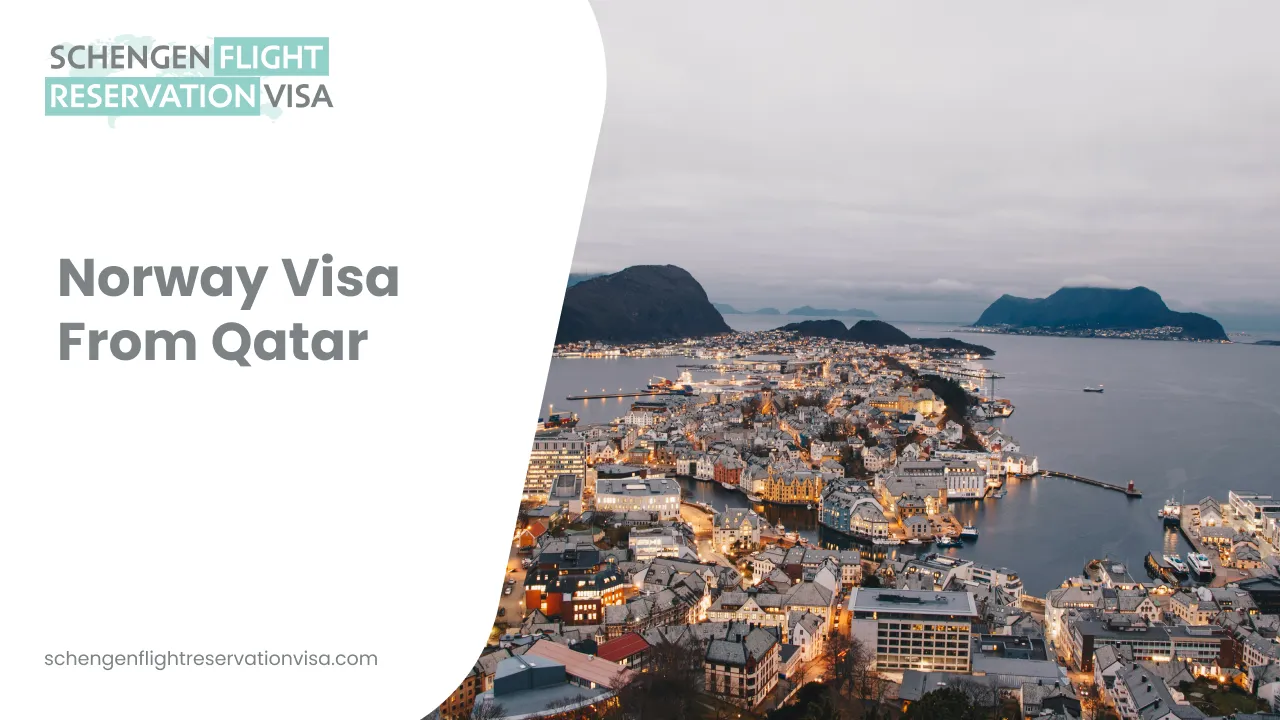 An aerial evening view of a coastal city in Norway, likely Ålesund, featuring lit-up buildings and harbor waters tucked between mountains under a twilight sky. To the left, a clean white graphic overlay displays the text