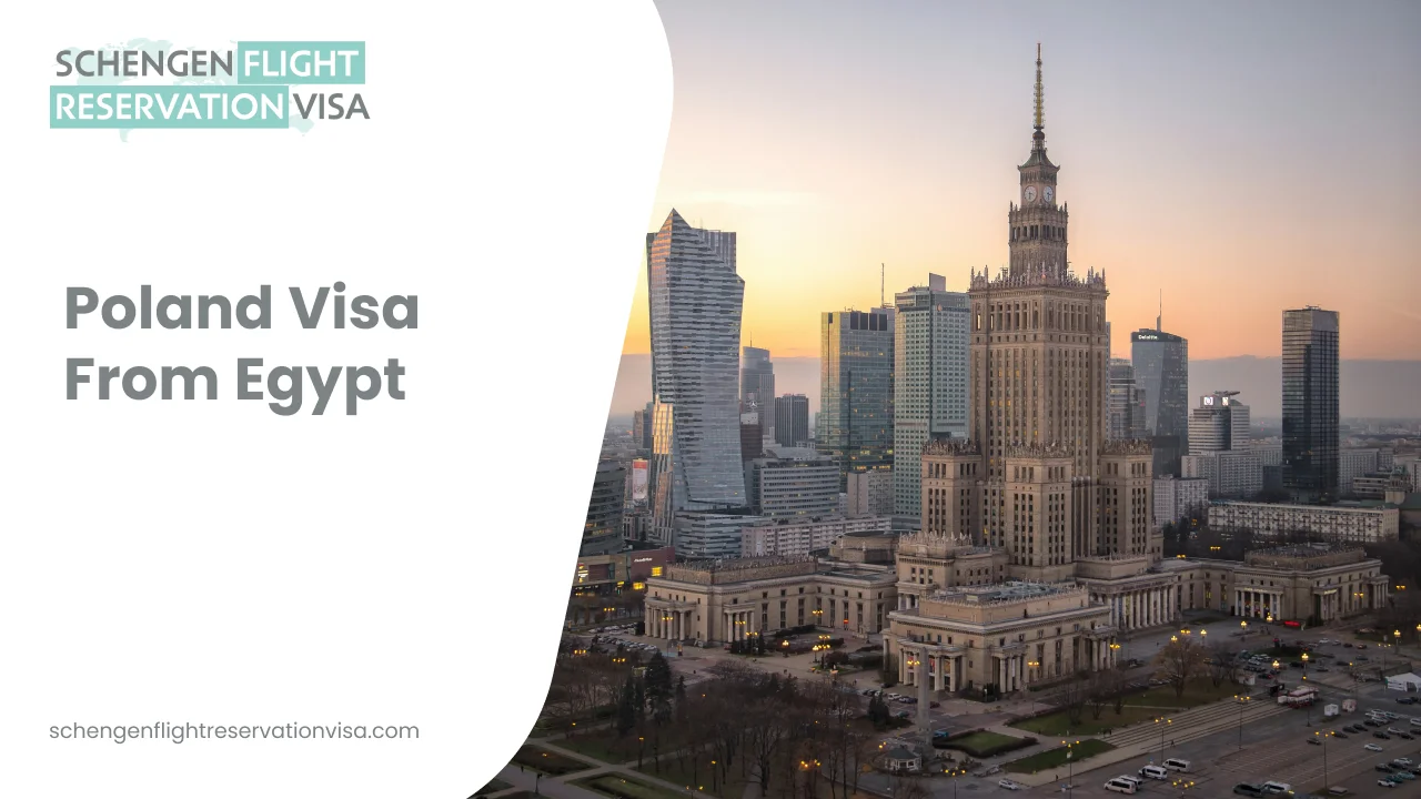 An aerial sunset view of the Palace of Culture and Science in Warsaw, Poland, surrounded by modern skyscrapers and city streets. The left side of the image features a white curved overlay with the text