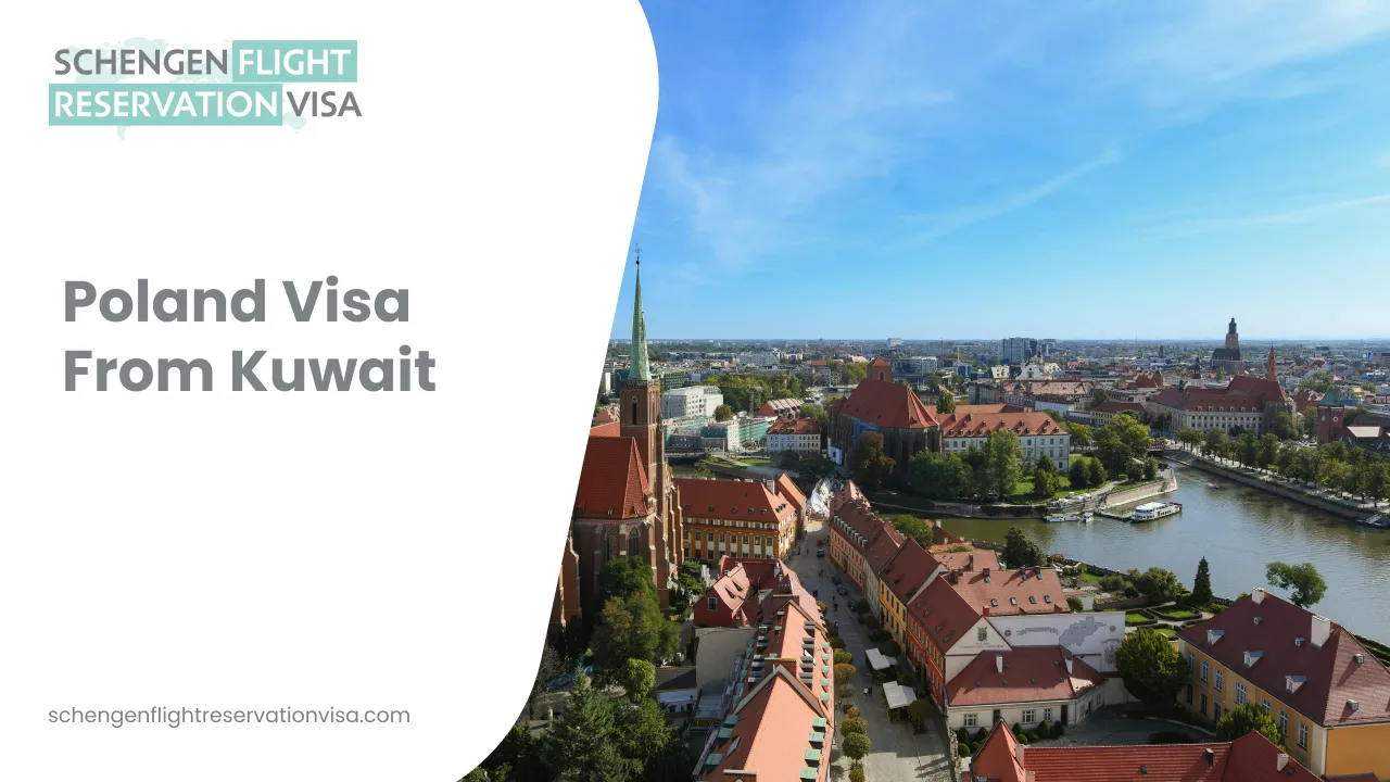 An aerial view of the historic city center of Wroclaw, Poland, featuring its distinctive red-tiled rooftops, gothic churches, and the colorful buildings surrounding the Market Square. The left side of the image features a white curved overlay with the text