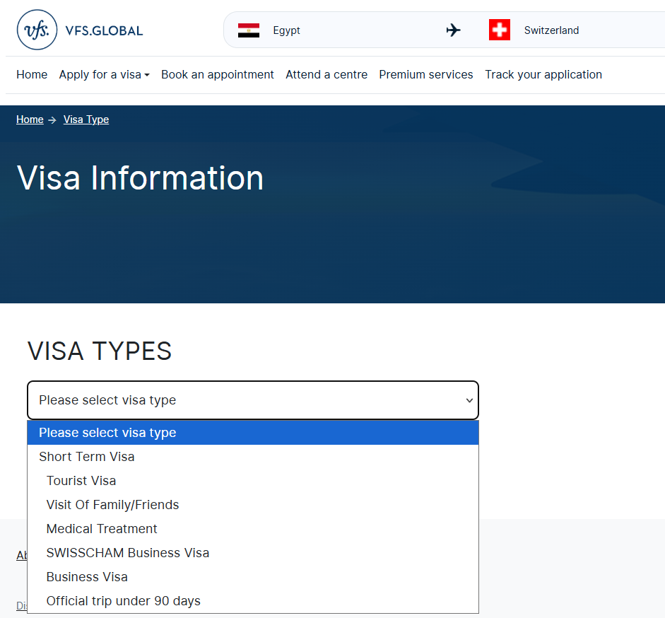Select a suitable visa type for the process