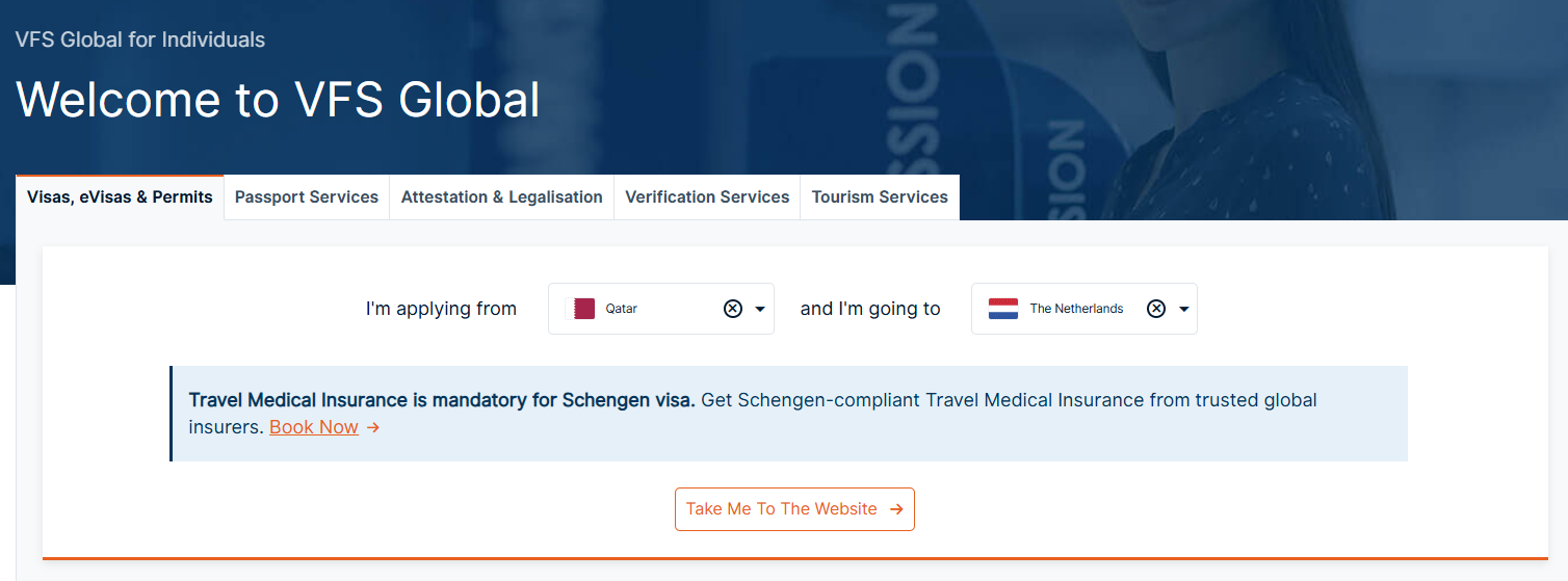 Select the home and target countries for the visa application