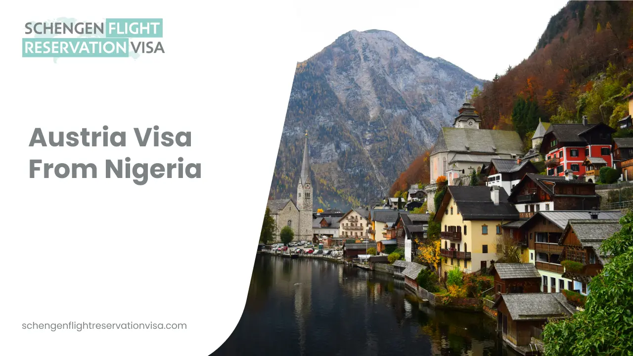Austria visa from Nigeria banner featuring scenic Hallstatt village with alpine mountains and lakeside houses for Schengen flight reservation visa services