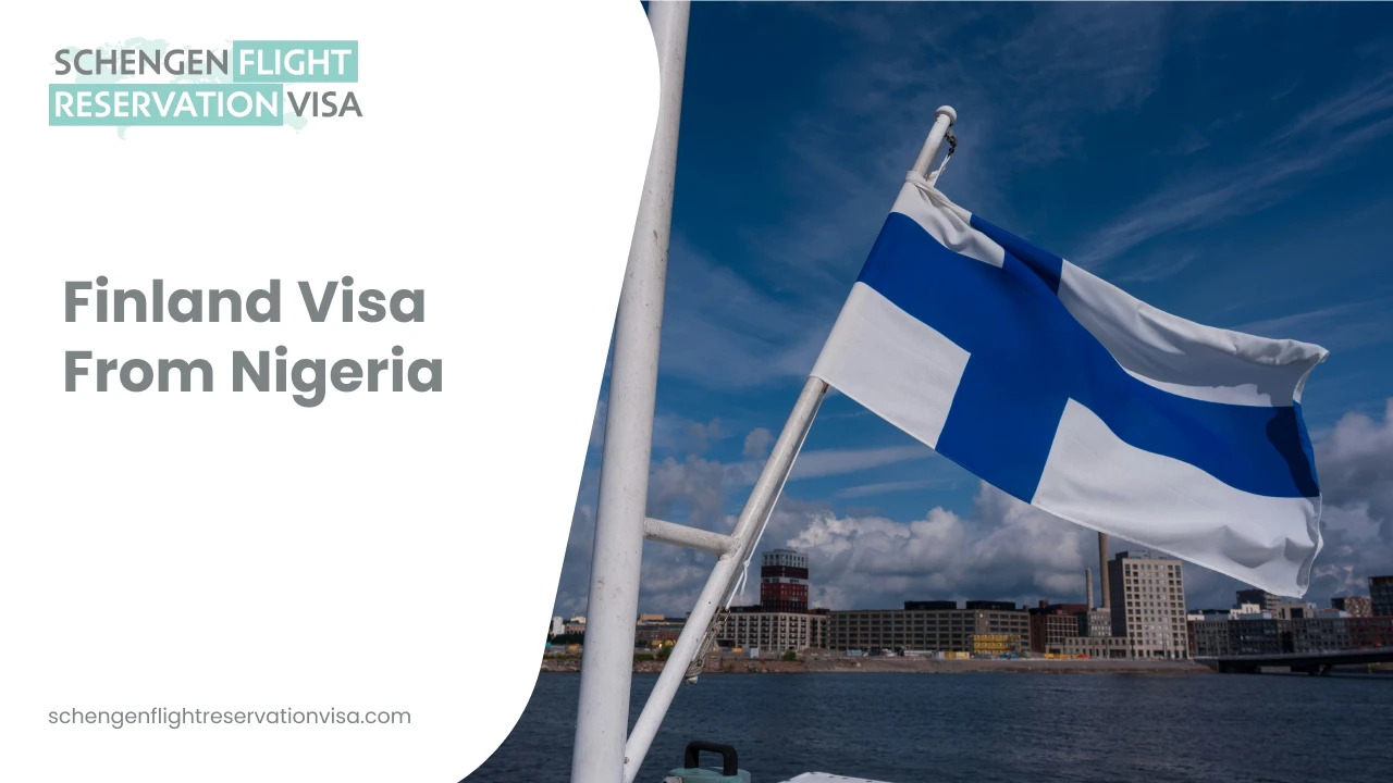 Finland national flag waving near a waterfront city skyline, representing Finland visa application and Schengen travel process for applicants from Nigeria.