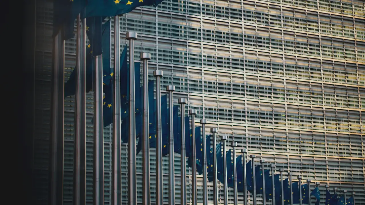 European Union flags outside an EU government building, representing Schengen Area countries and Schengen visa travel regulations in Europe.