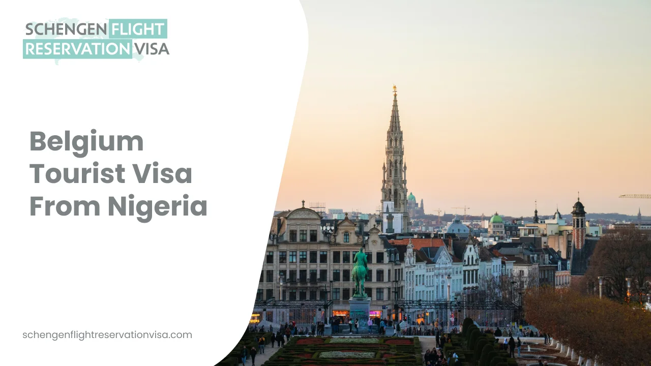 A scenic sunset view of the Brussels skyline from the Mont des Arts, featuring the iconic Gothic spire of the Brussels Town Hall rising above historic rooftops. A white graphic on the left side of the image contains the text