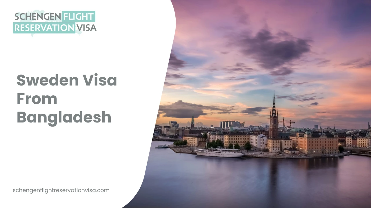 Sweden visa from Bangladesh banner showing Stockholm city skyline at sunset with waterfront buildings, church spire, and Schengen flight reservation visa text.