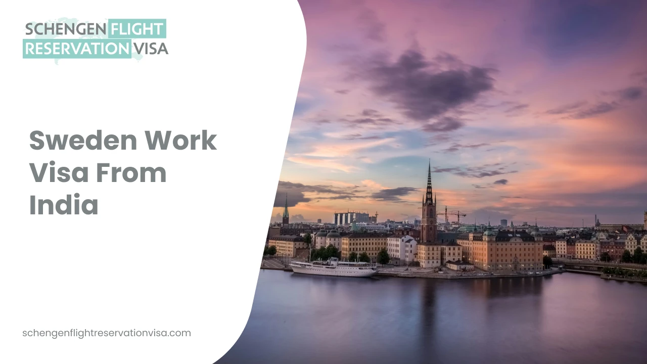 A panoramic sunset view of Stockholm's skyline over the water, featuring historic architecture and church spires, with text on the left that reads