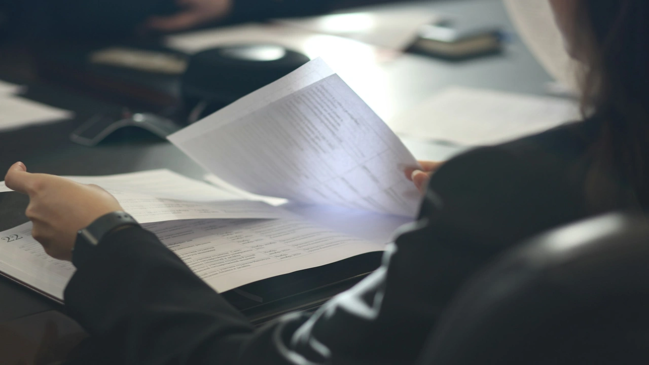 An over-the-shoulder view of a person in a dark suit sitting at a desk, flipping through a multi-page document or binder containing printed text and tables. The scene is softly lit with a shallow depth of field, focusing on the person's hands and the movement of the paper.