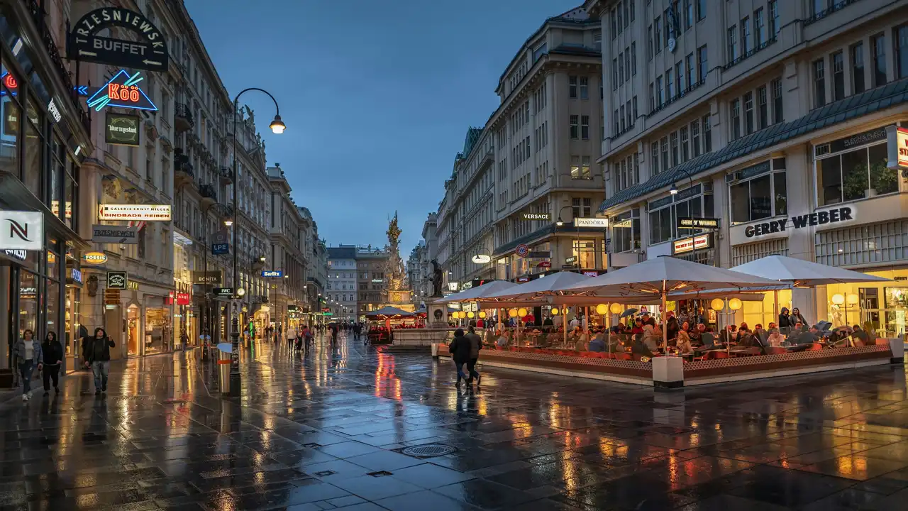 A wide-angle, low-angle shot of a wet, cobblestone pedestrian street in Vienna, Austria, at dusk. The glowing lights from storefronts like Gerry Weber and Pandora reflect off the damp ground, while people walk past outdoor cafes sheltered by large white umbrellas.