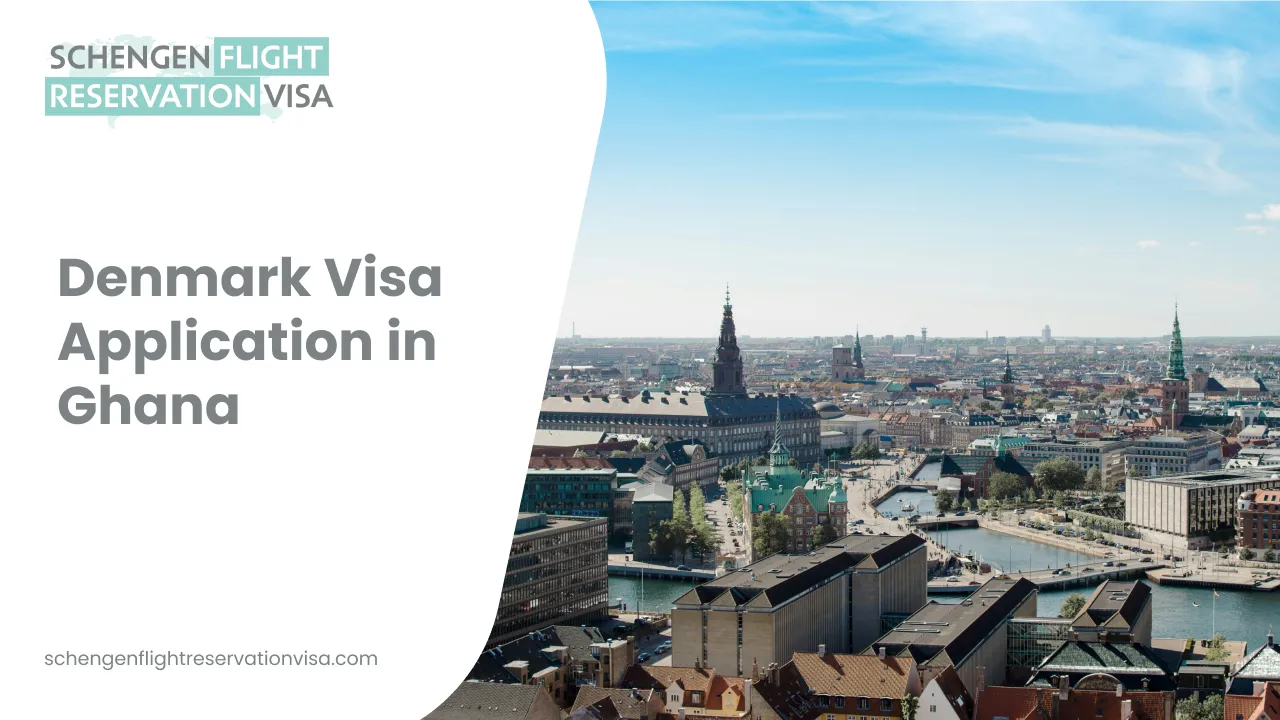 Denmark visa application in Ghana banner featuring Copenhagen city skyline, Schengen flight reservation visa services, and travel visa assistance for Ghanaian applicants.