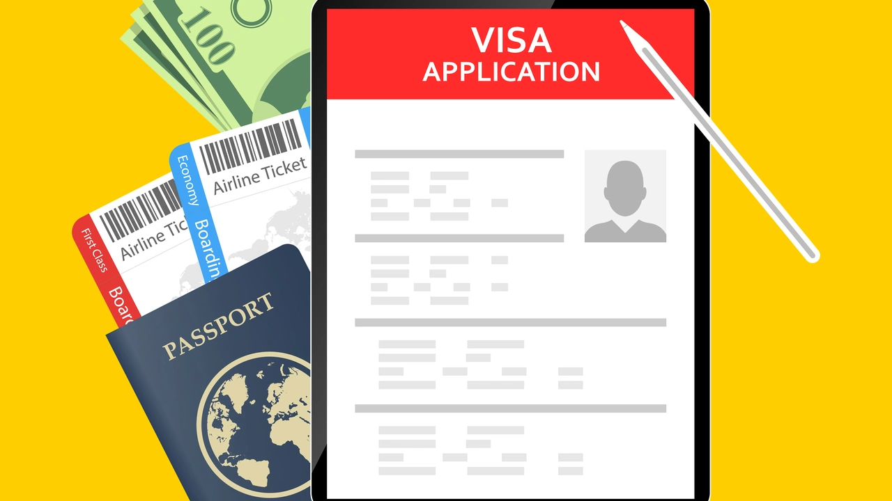 Visa application form on tablet with passport, airline tickets, boarding passes, and cash money for international travel documentation and immigration process