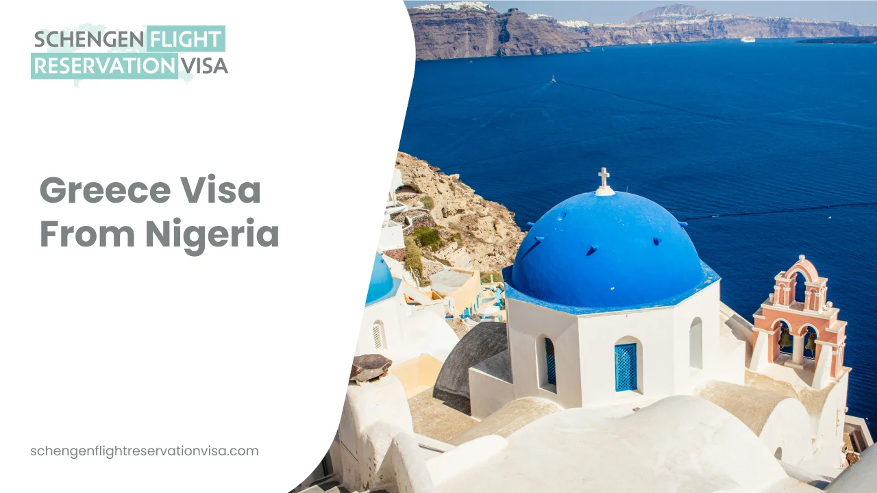 Greece visa from Nigeria – Santorini blue dome church overlooking the Aegean Sea, representing Schengen visa and flight reservation services for Nigerian travelers.