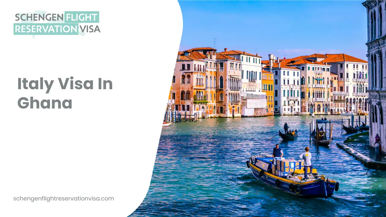Italy Schengen Visa application in Ghana – Venice Grand Canal with gondolas, Schengen flight reservation visa services banner.
