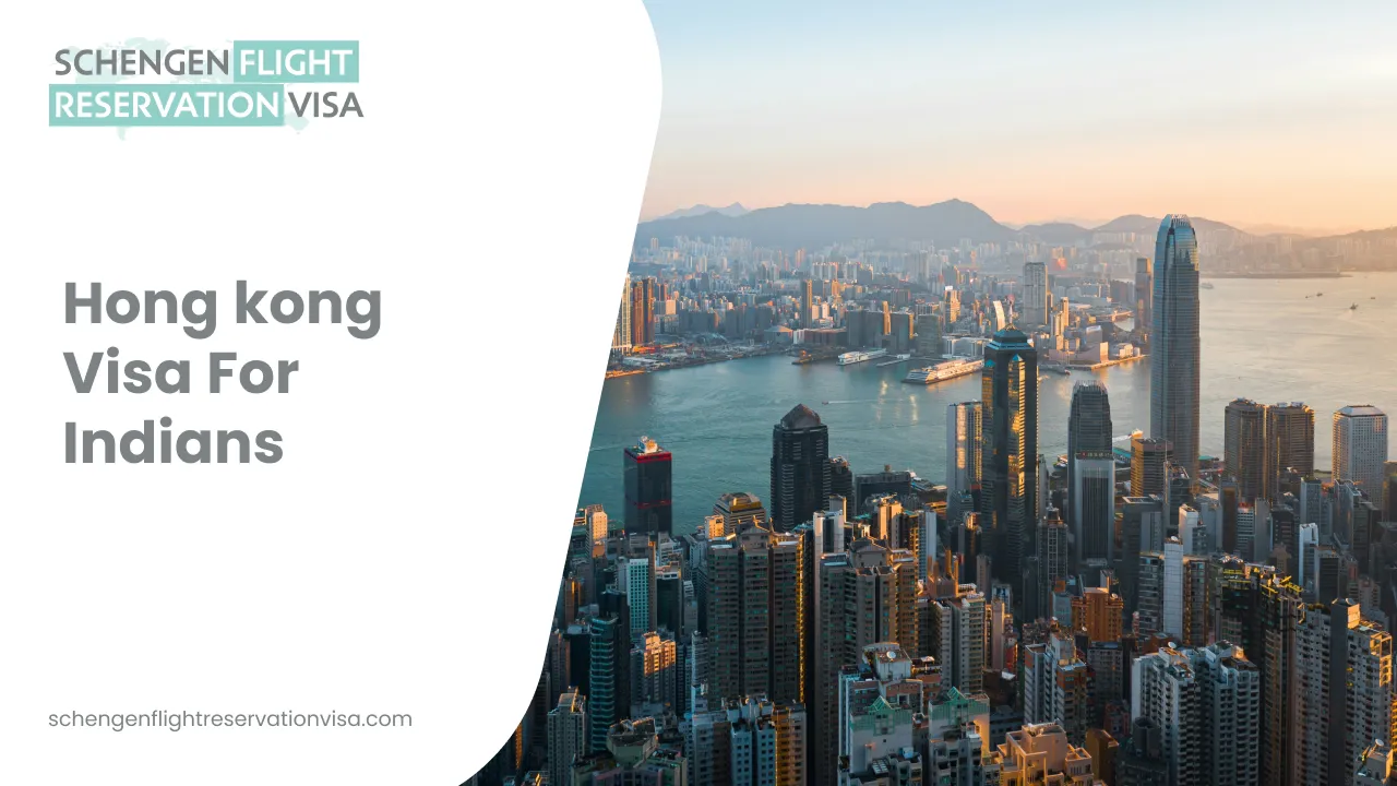 Hong Kong visa For Indians An aerial view of the Hong Kong skyline at sunset, featuring dense skyscrapers and Victoria Harbour. On the left, a large white overlay contains the text