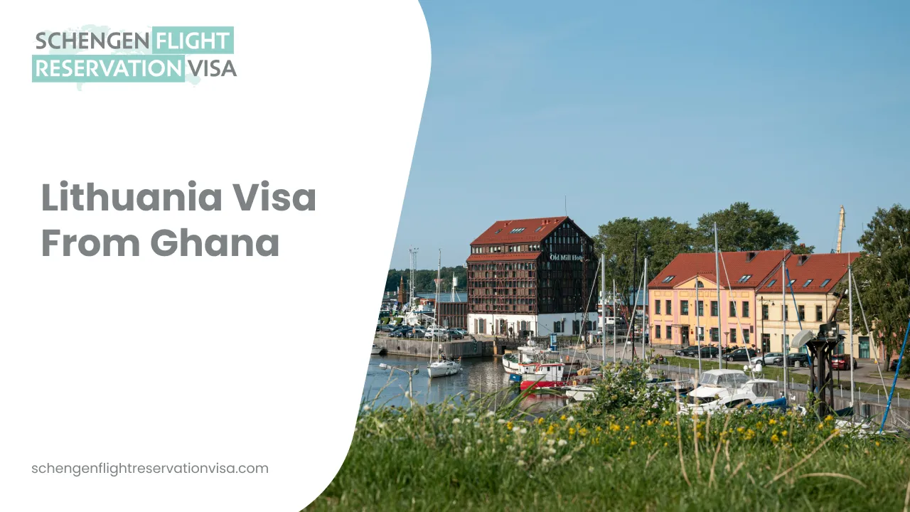 Lithuania visa from Ghana banner featuring a scenic Lithuanian harbor with boats, waterfront buildings, and clear blue sky, promoting Schengen flight reservation visa services.