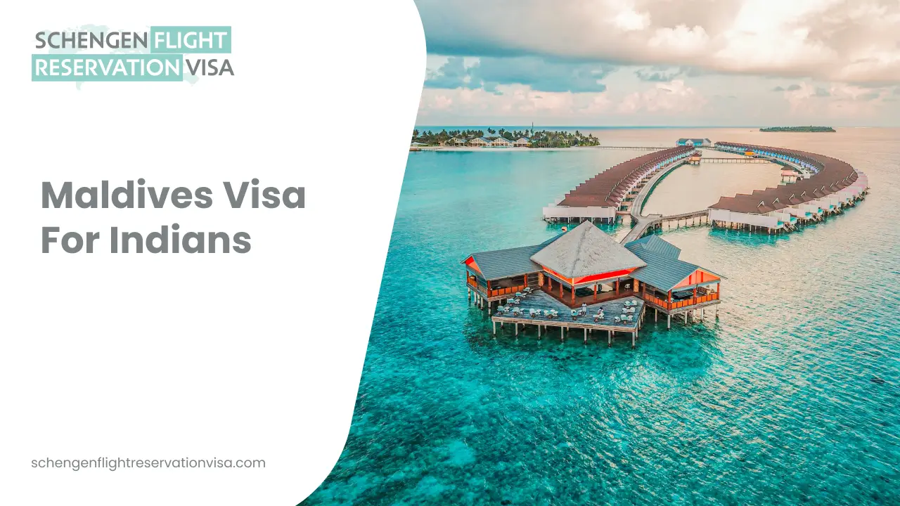 Maldives visa for Indians banner featuring overwater villas and a luxury resort surrounded by clear turquoise ocean, promoting visa and flight reservation services.
