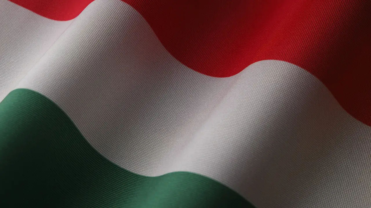 A close-up view of the Hungarian national flag, featuring its three horizontal stripes of red, white, and green. The fabric is shown with a soft, woven texture and deep ripples, creating a sense of movement and depth.