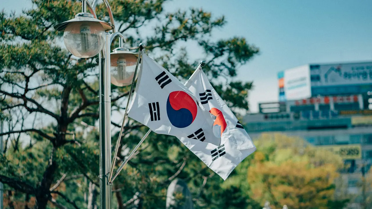 trees and building behind a korea flag hanging