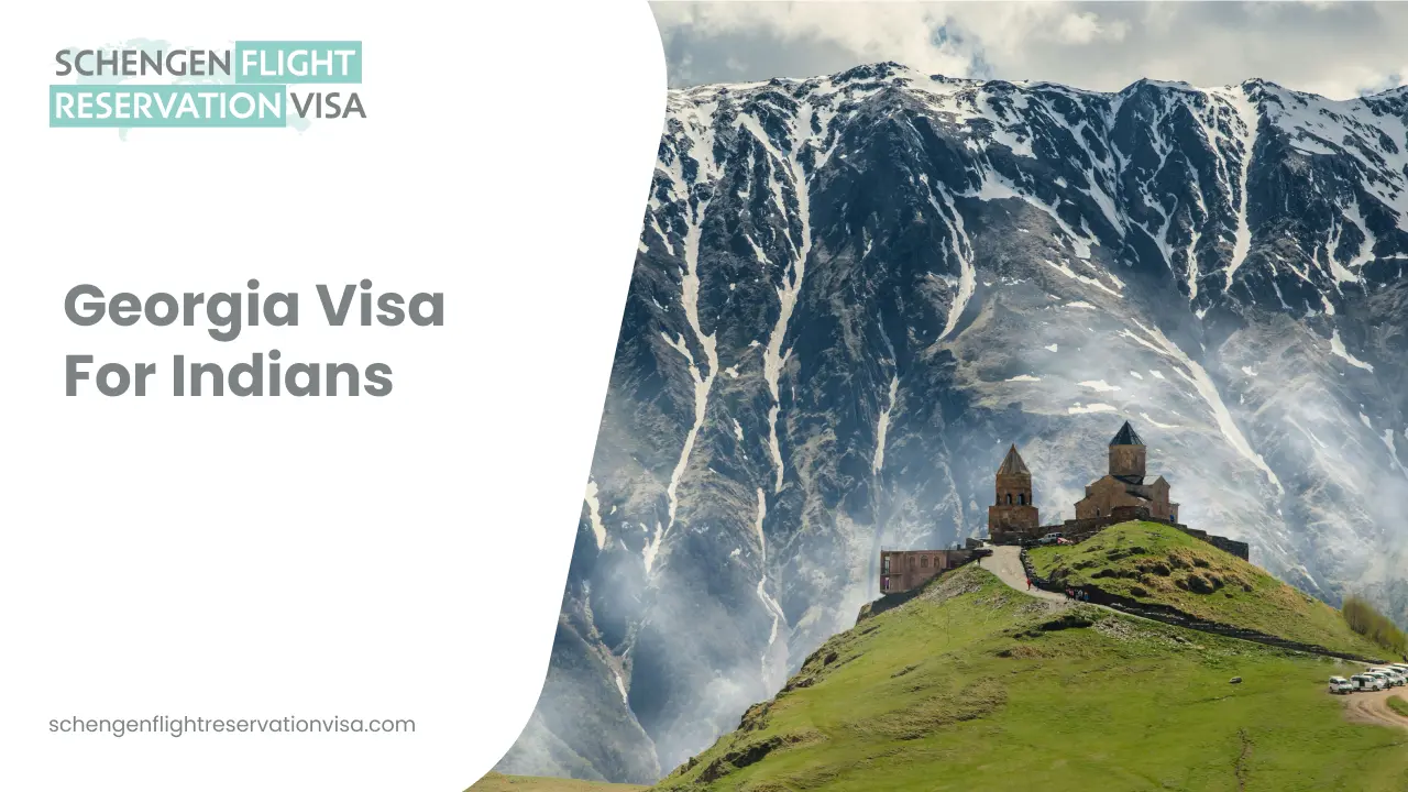 Georgia visa for Indians banner with Gergeti Trinity Church and Caucasus Mountains landscape background