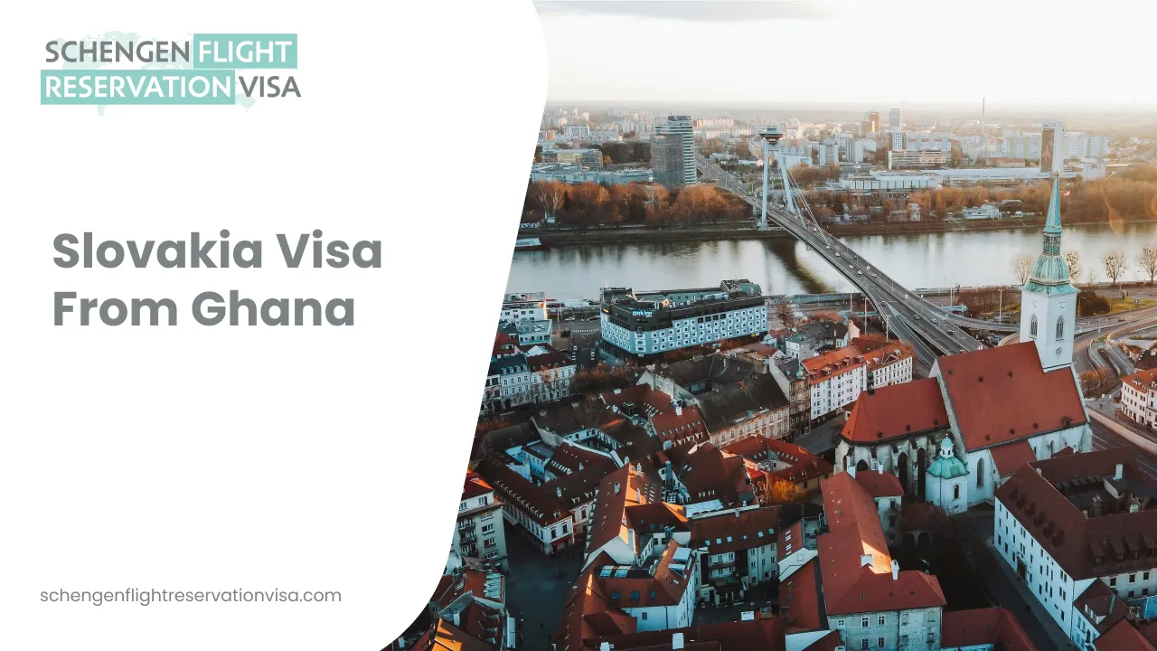 Slovakia Visa from Ghana – aerial view of Bratislava city with river, bridge, and historic buildings, representing Schengen visa application and flight reservation services for Ghanaian travelers.