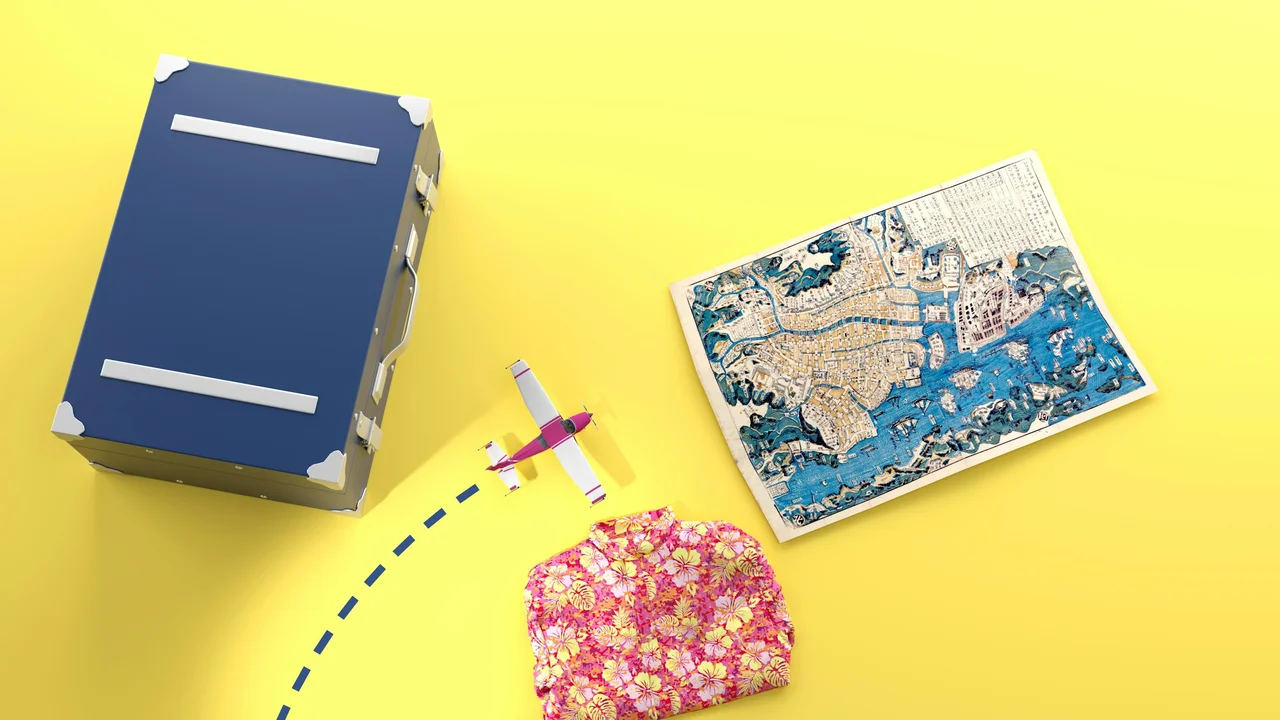Travel concept image showing a suitcase, miniature airplane with flight path, folded travel clothes, and a map on a yellow background, symbolizing international travel planning, visa documentation, and Luxembourg visa application requirements.