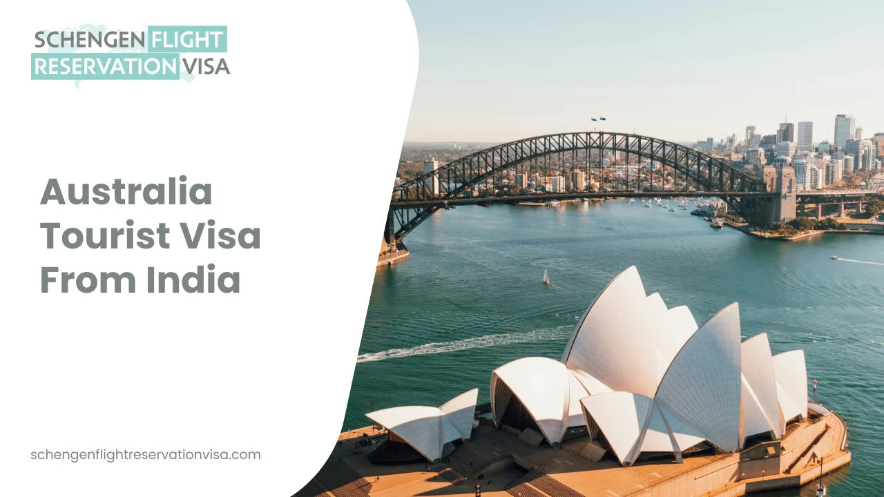 Australia tourist visa from India banner showing Sydney Opera House and Harbour Bridge over Sydney Harbour, promoting international travel and visa services.
