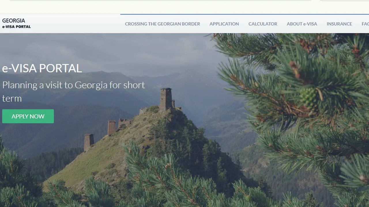 Georgia e-Visa Portal homepage with scenic mountain landscape and Svaneti towers promoting online visa application for short-term travel to Georgia