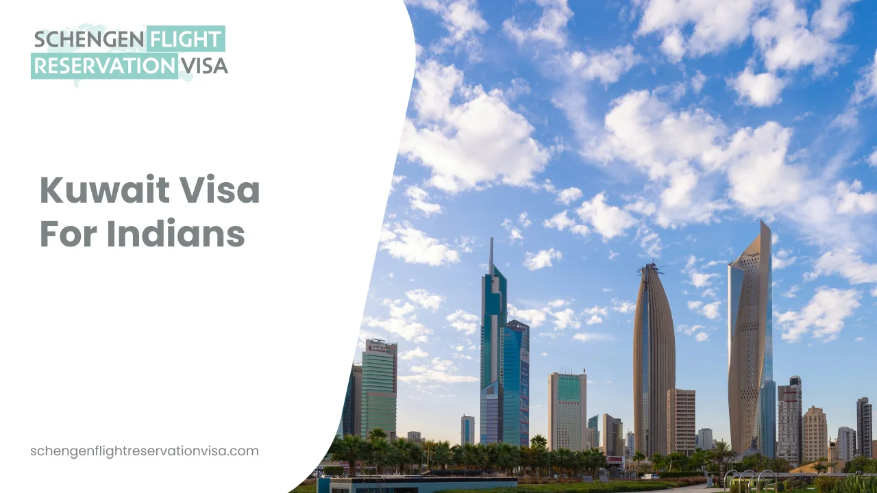 A bright, wide-angle shot of the Kuwait City skyline under a blue sky with scattered white clouds. The image features various modern skyscrapers, including the distinctively shaped Al Hamra Tower. A large white curve on the left side contains the text