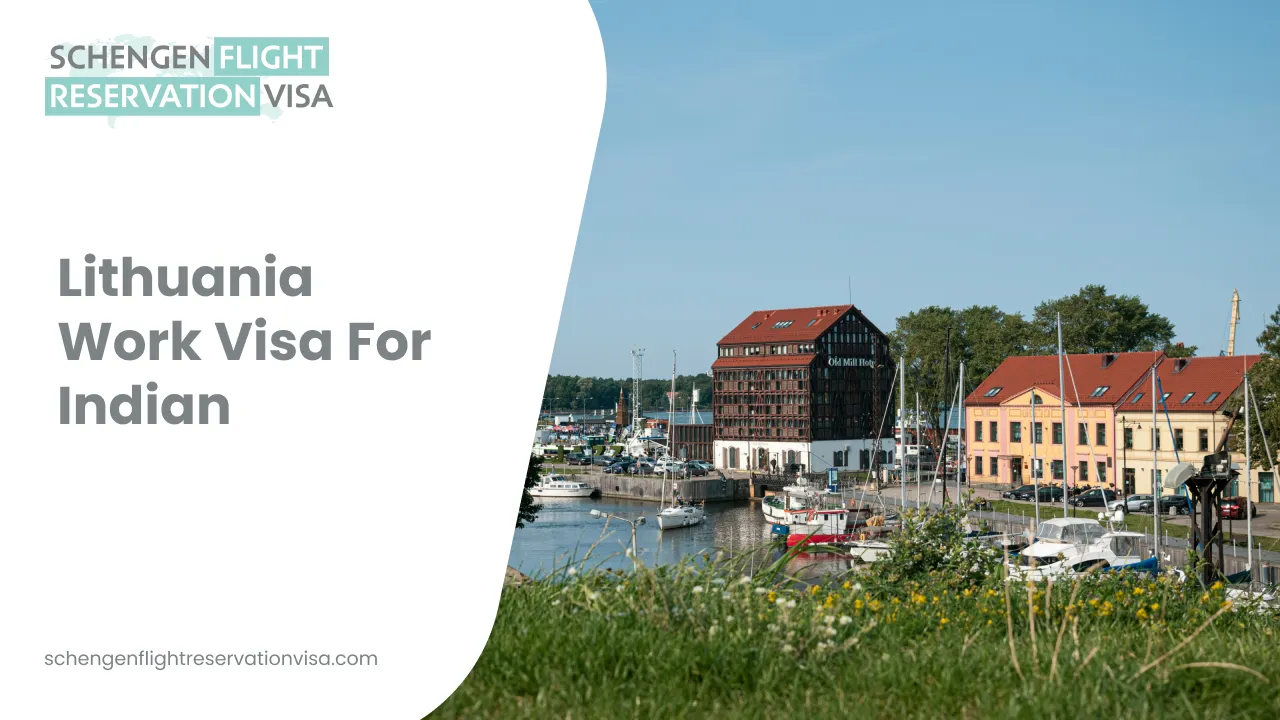 A scenic view of a harbor in Lithuania featuring traditional red-roofed buildings and docked boats under a clear blue sky. On the left, a white graphic overlay contains the text