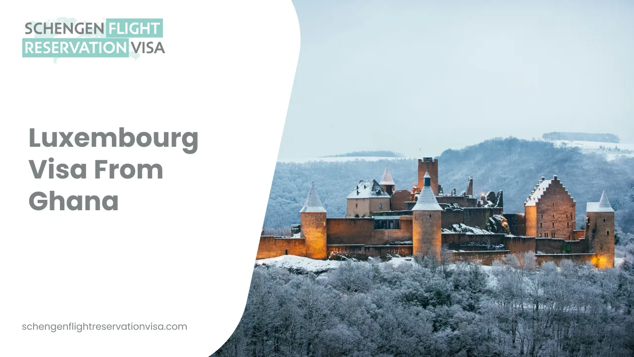 Luxembourg visa from Ghana promotional banner featuring a snowy Luxembourg castle and text about Schengen flight reservation visa services.