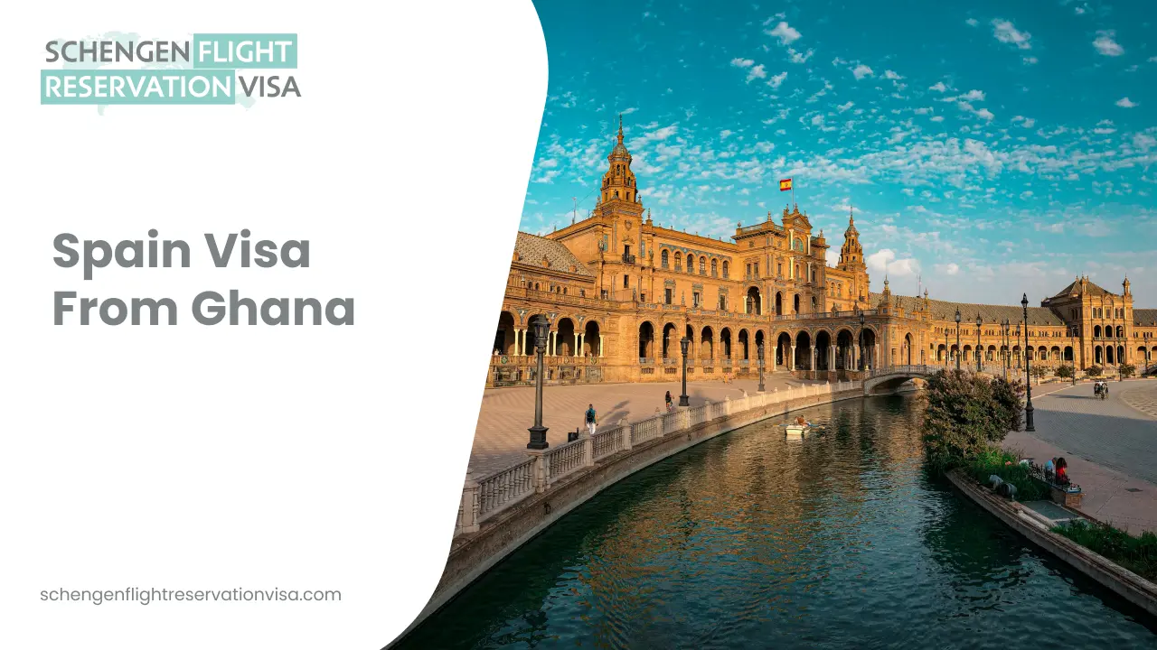 An architectural view of the Plaza de España in Seville, Spain, featuring its iconic semi-circular brick building, Renaissance and Moorish Revival arches, and a grand tower in the distance. On the left, a white overlay displays the text