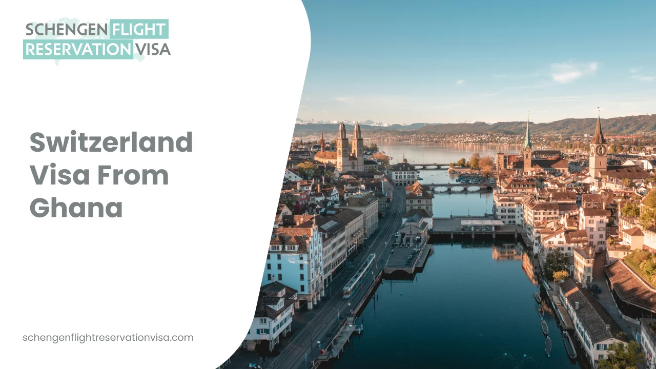 An aerial view of Zurich, Switzerland, featuring the Limmat River, the Grossmünster and Fraumünster churches, and the Alps in the distance. The left side contains the text