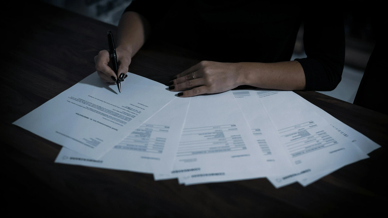 A person with dark nail polish and a ring on their finger is shown from the chest down, sitting at a dark wooden table and signing a stack of white documents with a black pen. The scene is captured in low, dramatic lighting.